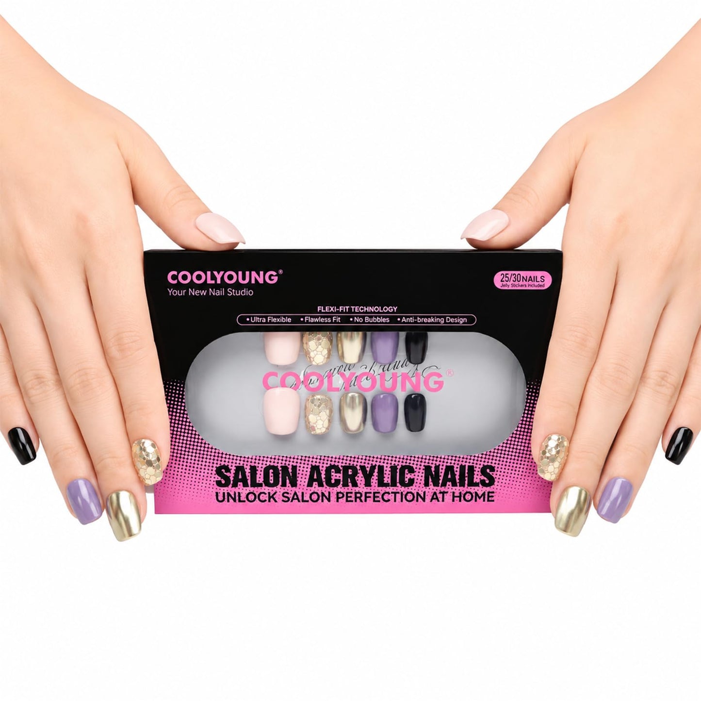 COOLYOUNG 25PC Short Glitter Press On Nails Soft Gel Acrylic Blush Pink Black Mix Reusable Fake Nails