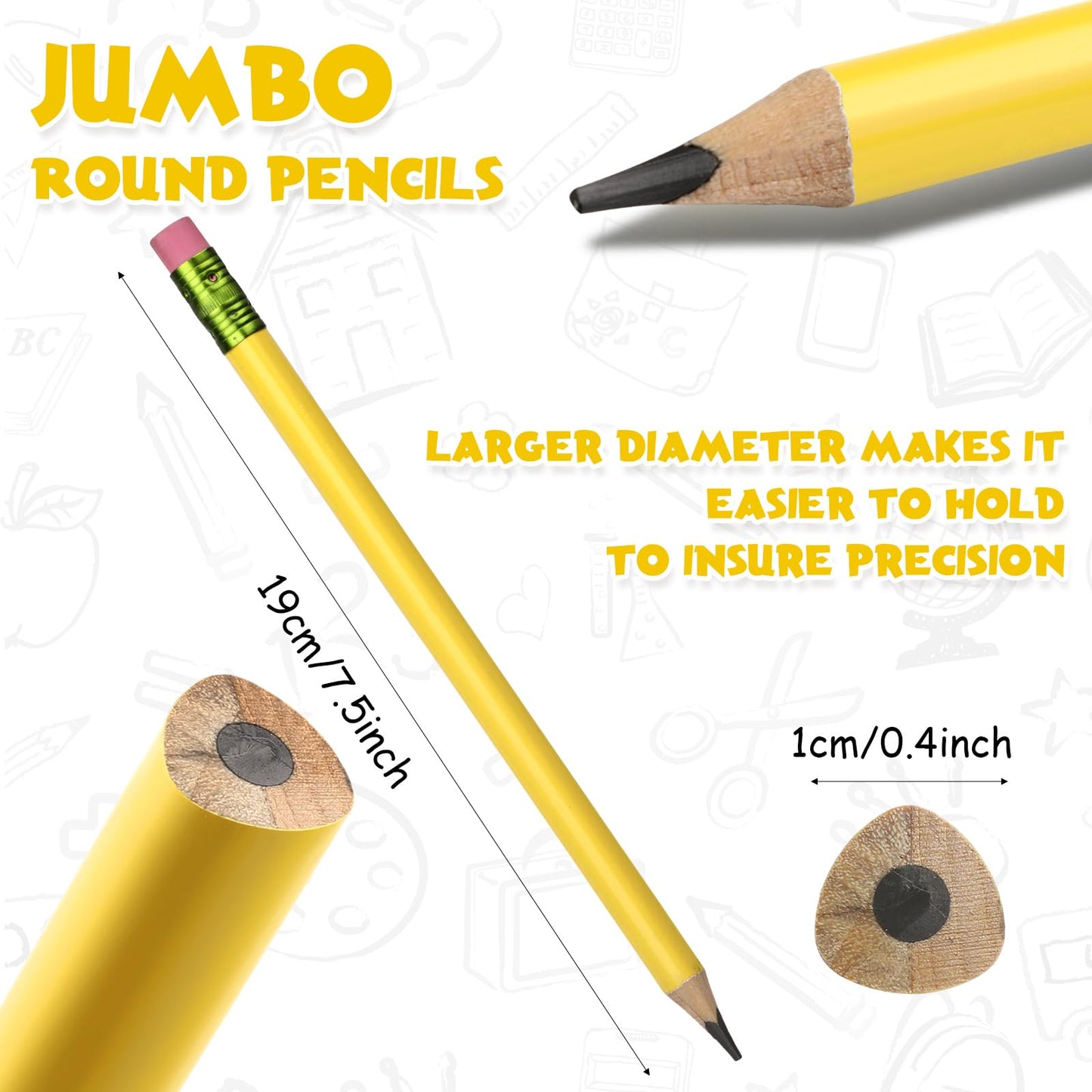 Fainne 102 Pieces Jumbo Pencils Set for Kids Toddlers 96 Thick Fat Large Pencils with Erasers 6 Sharpeners Bulk for Preschool Kindergarten Elementary School Classroom(Yellow,Triangle)