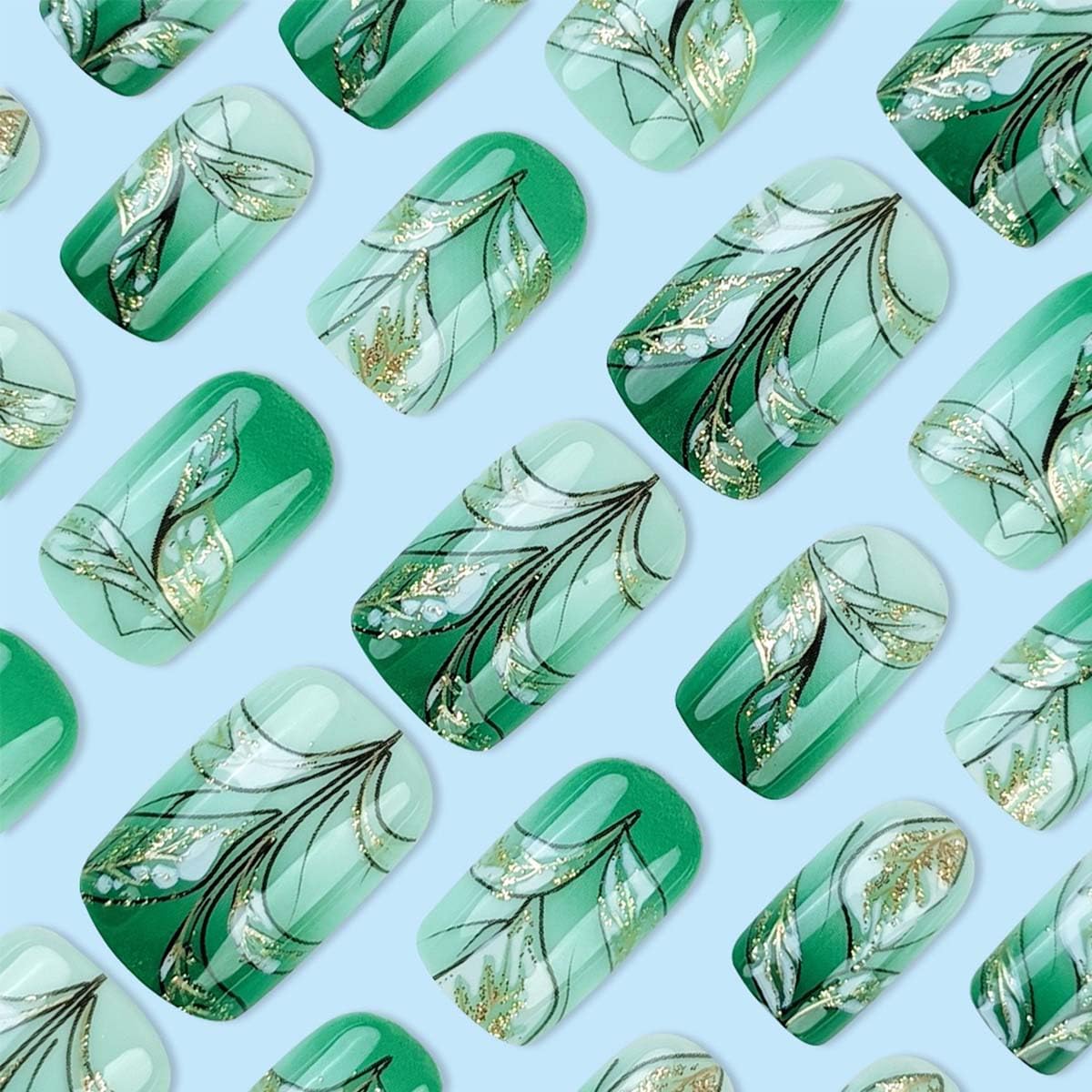 Square Fake Nails Short Press On Nails Leaf Glitter With Gradient Design Green False Nails Acrylic Artificial Glossy Full Cover Spring Glue On Nail Summer Stick On Nail For Women 24pcs
