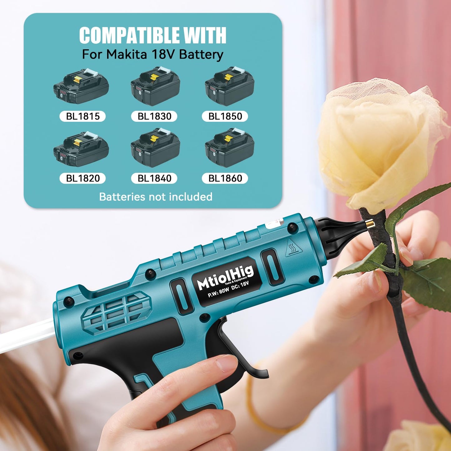 MtiolHig Cordless Hot Glue Gun Compatible with Makita 18v Battery (Tool Only) Handheld Wireless Power Heavy Duty Hot Glue Gun Full Size Kit with 20pcs 0.43'' Hot Glue Stick for Arts & Crafts