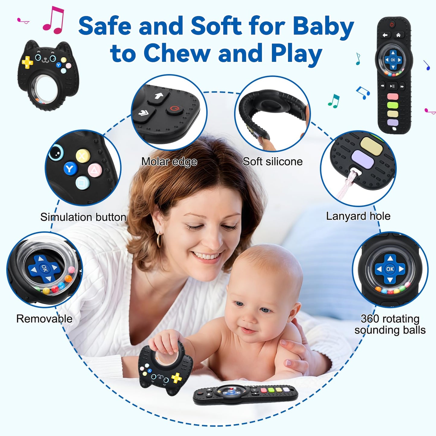 2 Pack Baby Rattles Teething Toy for Babies 3-6 Months, Teething Relief for Infant 6-24 Months, Silicone Teethers TV Remote Boys and Girls Sensory Toy