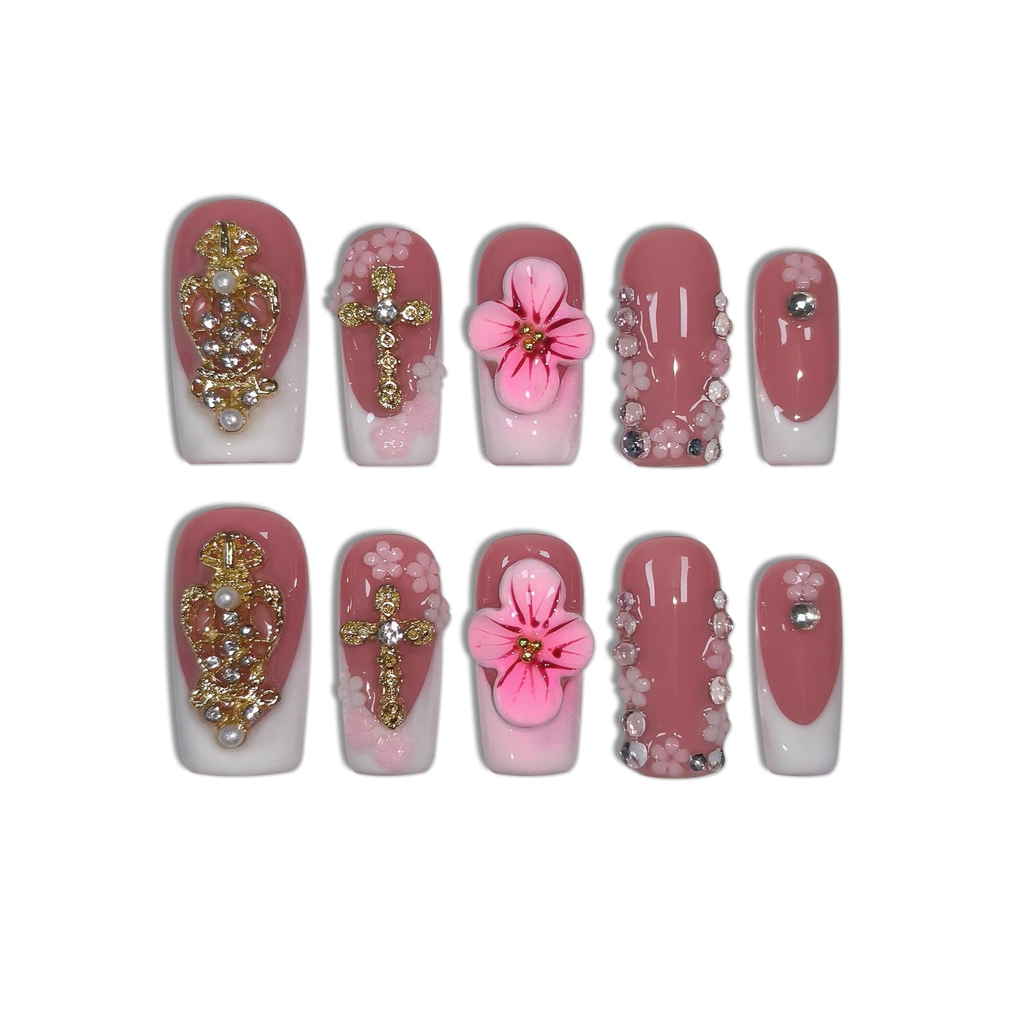TENPAL Squoval Press on Nails Medium - White French Tips with 3D Cross & Floral Lace, Reusable & Handmade False Nails for Edgy Everyday Wear | Sweet Gothic Style(M)