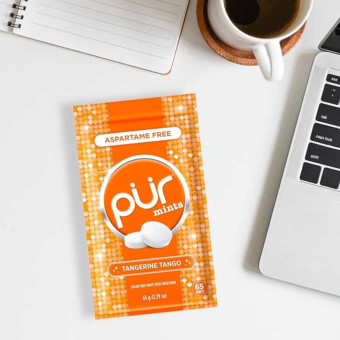 PUR Mints | Aspartame Free Breath Mints | Made with Xylitol | Sugar Free, Vegan, Gluten Free | Natural Tangerine Tango Flavor | 65 Pieces in Re-Sealable pouch (Pack of 3)