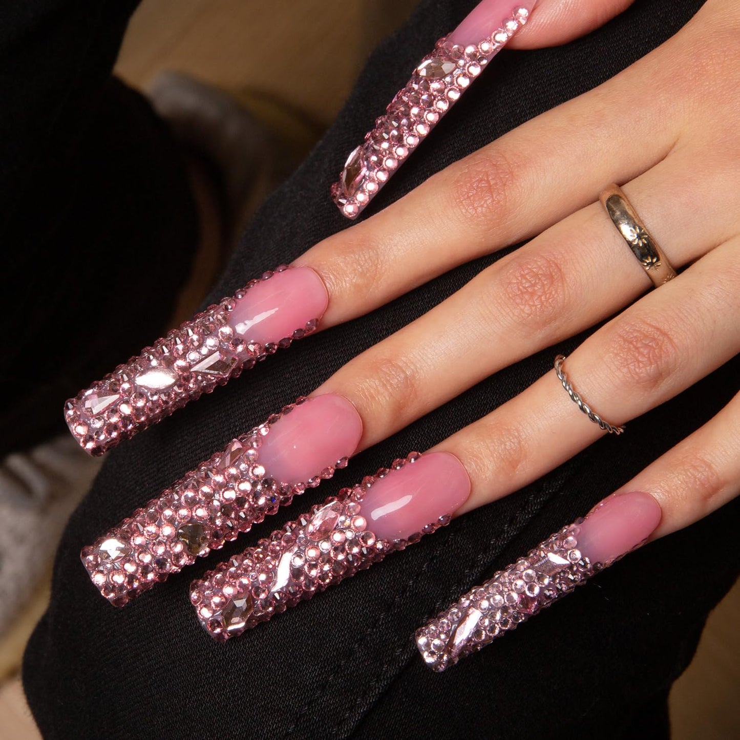 LOVFUL Press on Nails Pink French Tip Rhinestone | Handmade with Full Covered Crystals | Reusable Fake Nails | Square Long 2.2 in | H27-M