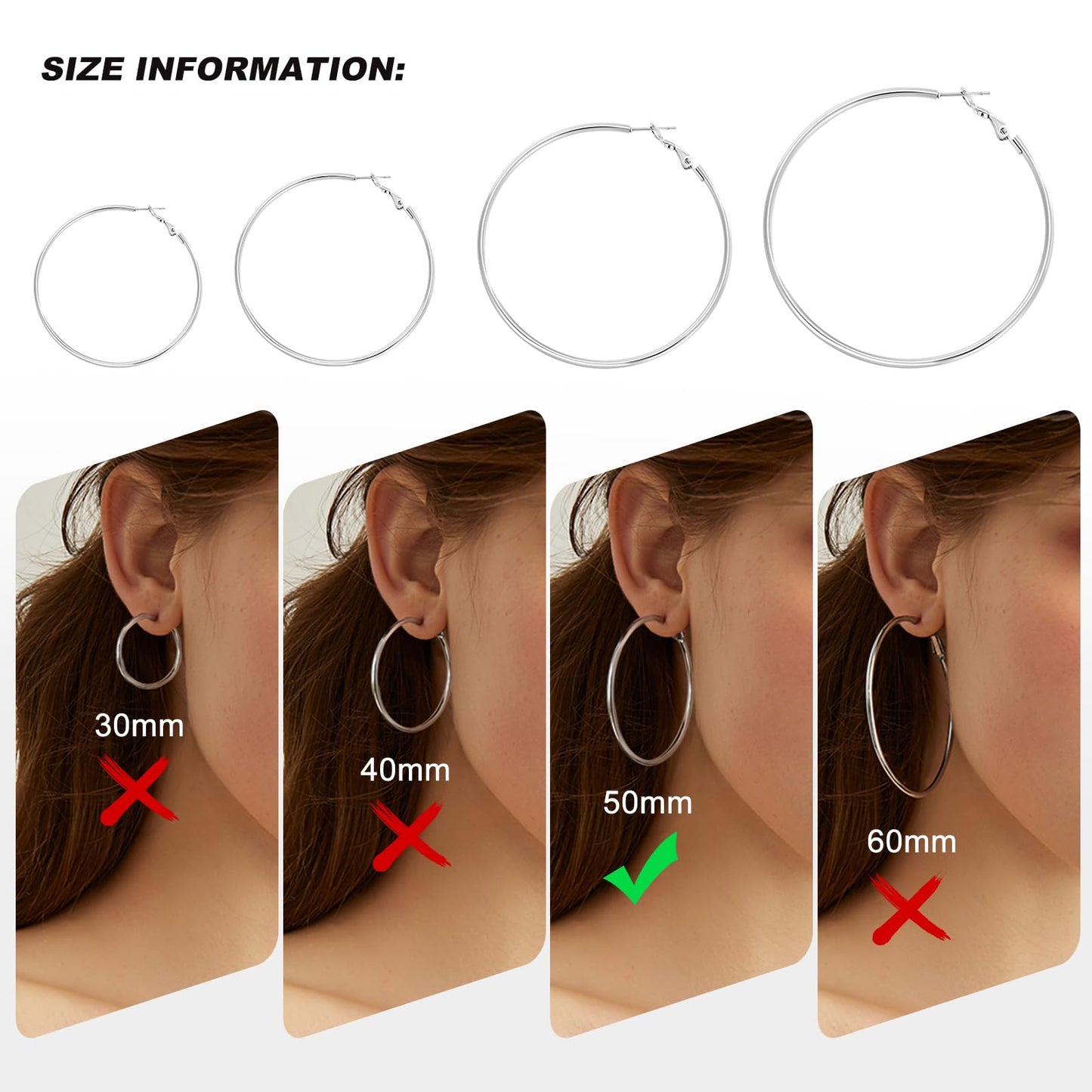 PICKBEAU Silver Dangle Hoop Earrings for Women, 14K White Gold Plated Stainless Steel Earrings Drop Hypoallergenic Hoops Earrings(50mm)