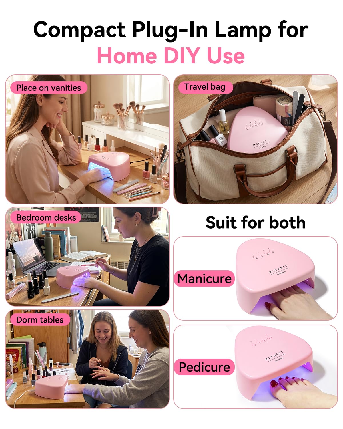 Makartt Compact Travel UV Nail Lamp for Gel Polish, Plug-in Nail Dryer with 5s Flash Cure, 99s Mode for Dark Thick Gels, Auto Sensor, 4 Timers & 18 LED Beads for Beginner Home DIY Gift (Pink)