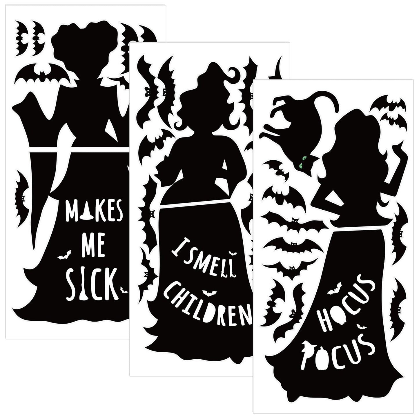 Halloween Window Decals Black Cat Bat Witch Silhouette Reusable Waterproof Static Clings for Glass Home Party Decor 35.4 x 6.9 inch