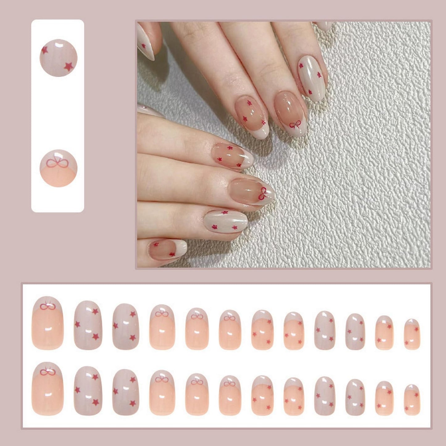 RIICFDD French Tip Press on Nails Short Almond Fake Nails Cute Nails Press ons Full Cover Glossy Stick on Nails with Mini Red Bow Star Designs False Nails Glue on Nails for Women Cute Nails 24 Pcs