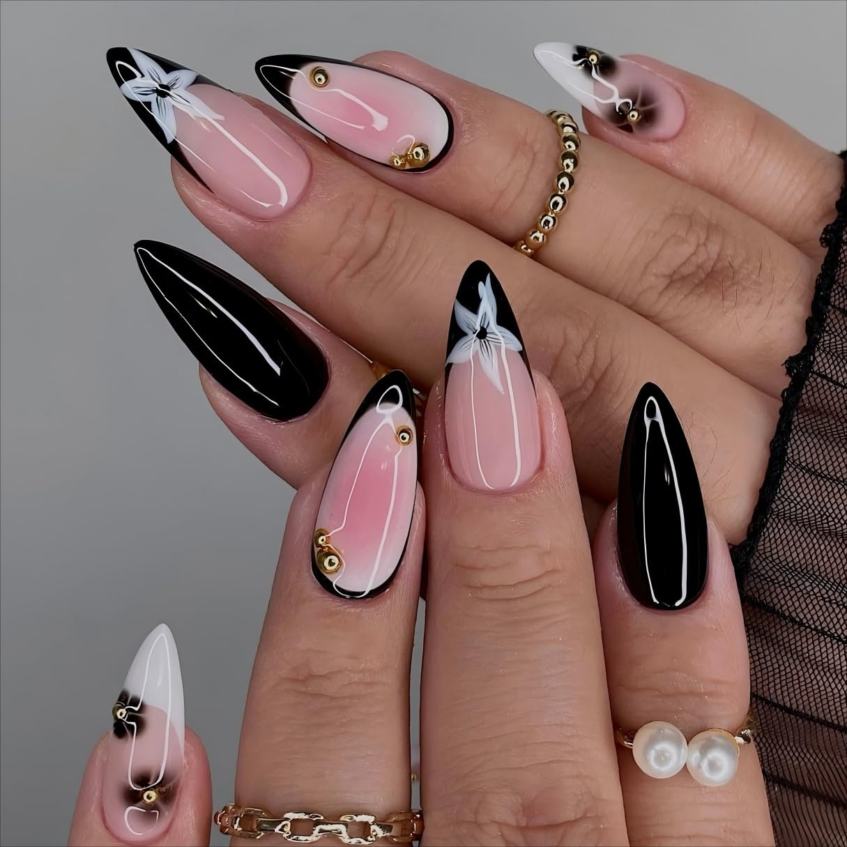 LPOODDNU Black White Press on Nails - Almond Medium French Fake Nails with Flower&Gold Bead Designs, Glossy Finished Reusable False Nails with Glue Tabs - 24Pcs Nail Kit for Women Manicure