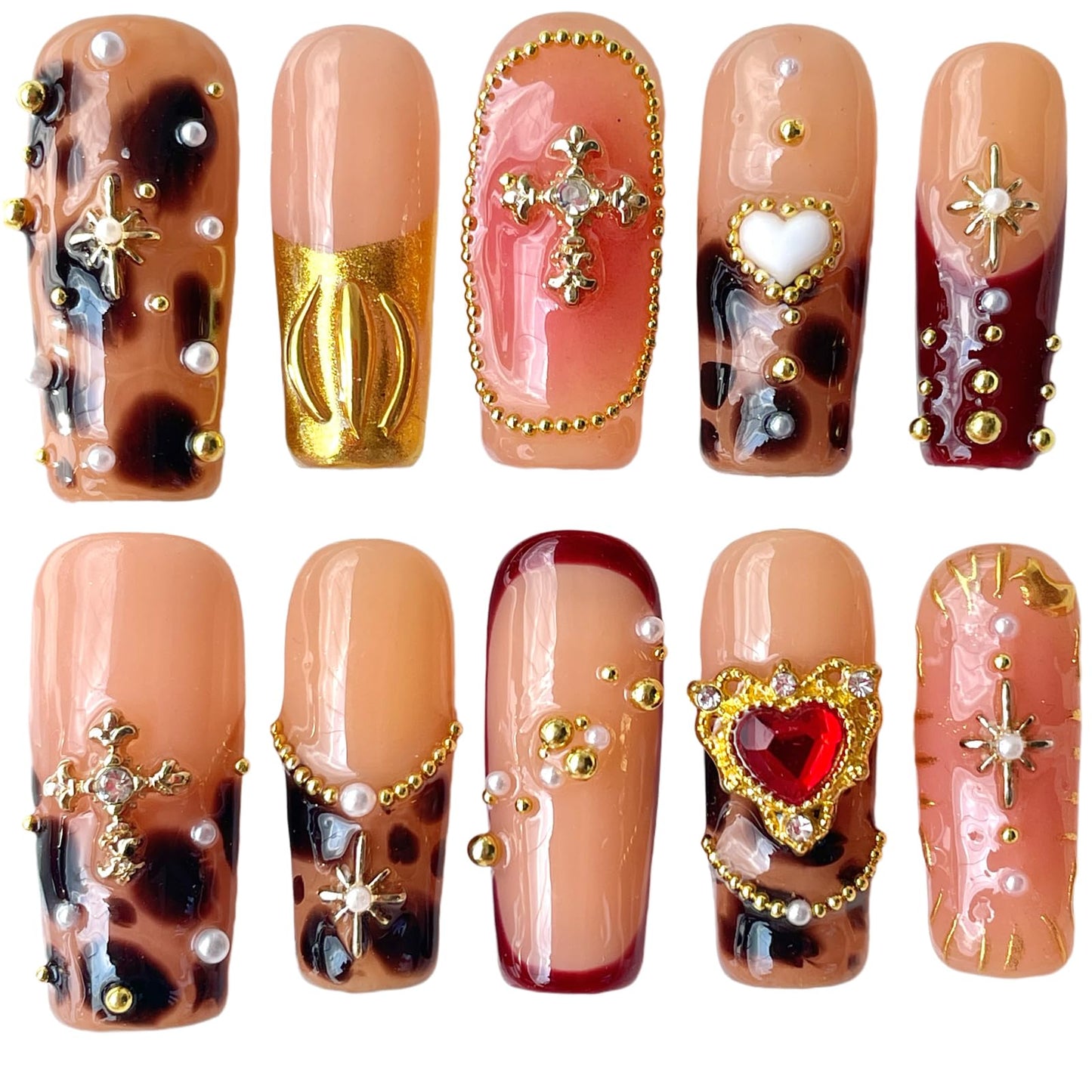 Handmade Press on Nails with Diamond & Gold Cross Chain - Amber Print Medium Long Square False Nails, Reusable Acrylic Luxury Glam Nail Art (Amber, S)