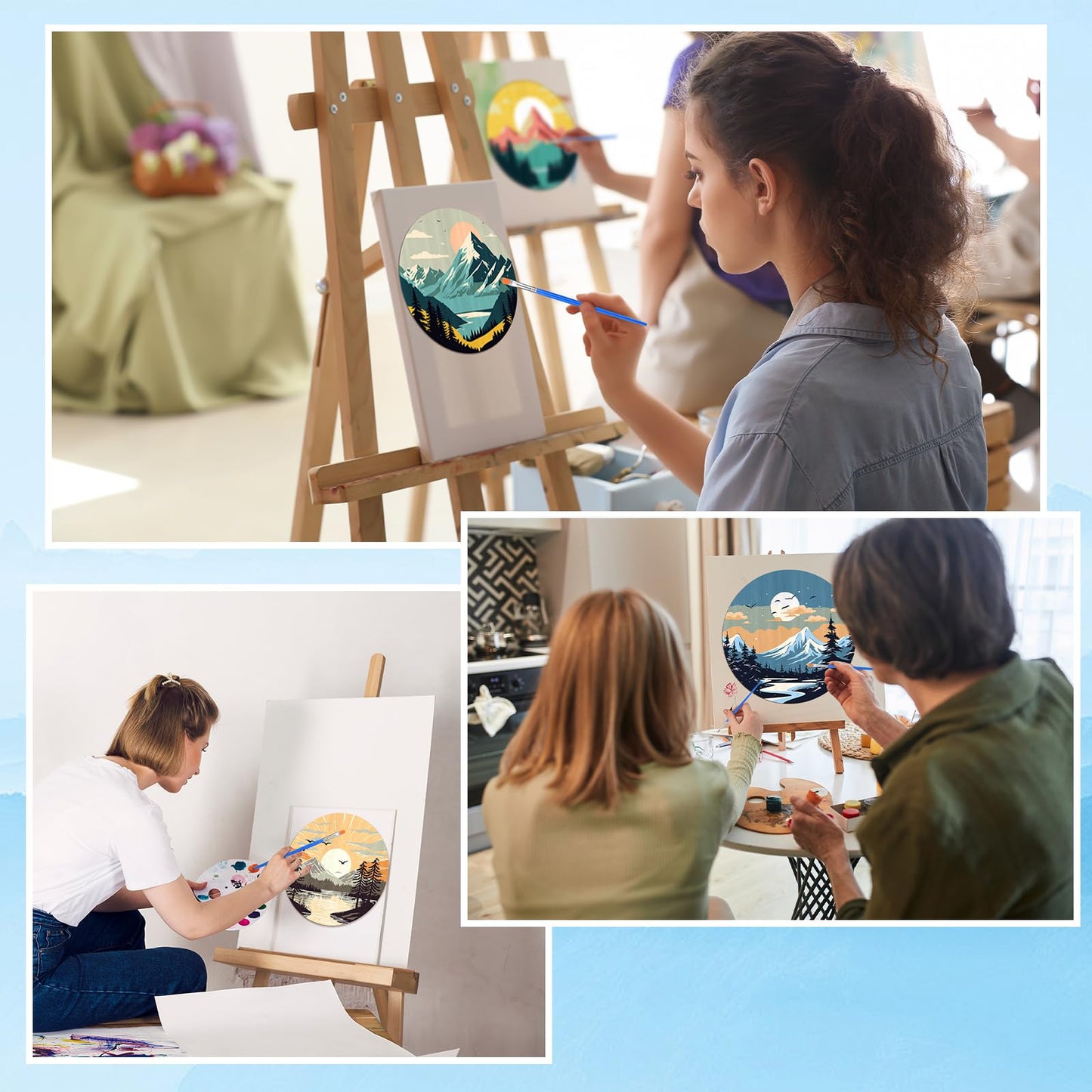 Faccito 4 Pack Wooden Landscape Paint by Numbers Kit for Adults Beginners 8 Inch Unfinished Round Wood Board Acrylic Paint Nylon Brush Hook Distant Mountains Sunset Lake DIY Crafts for Home Wall Decor