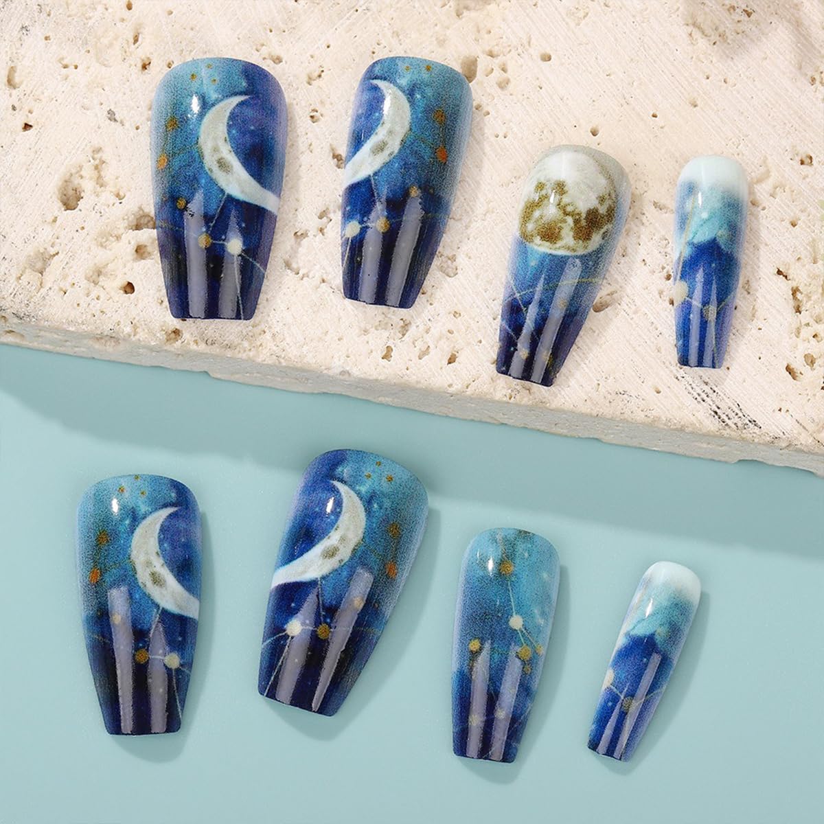 Coffin Press on Nails Medium False Nails Blue Gradient Fake Nails with Night Sky Designs Cute French Tip Acrylic Nails Reusable Glue on Nails Glossy Full Cover Stick on Nails for Women Girls 24Pcs