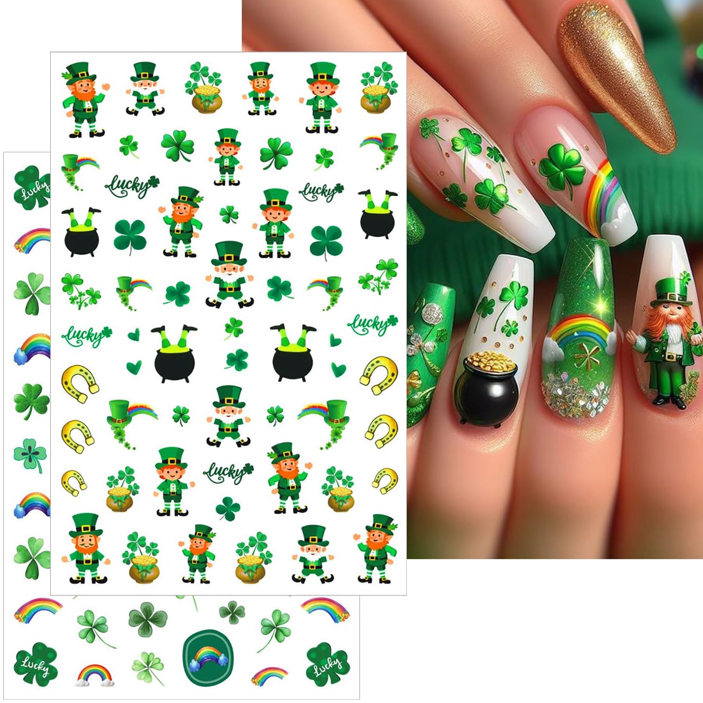 6Pcs St. Patrick's Day Nail Stickers Set Customized and Unique Irish Shamrock 3D Self-Adhesive Nail Decals Lucky Clover Four Leaf Design Green Shamrock Sticker for Saint Patricks Day Nail Decoration
