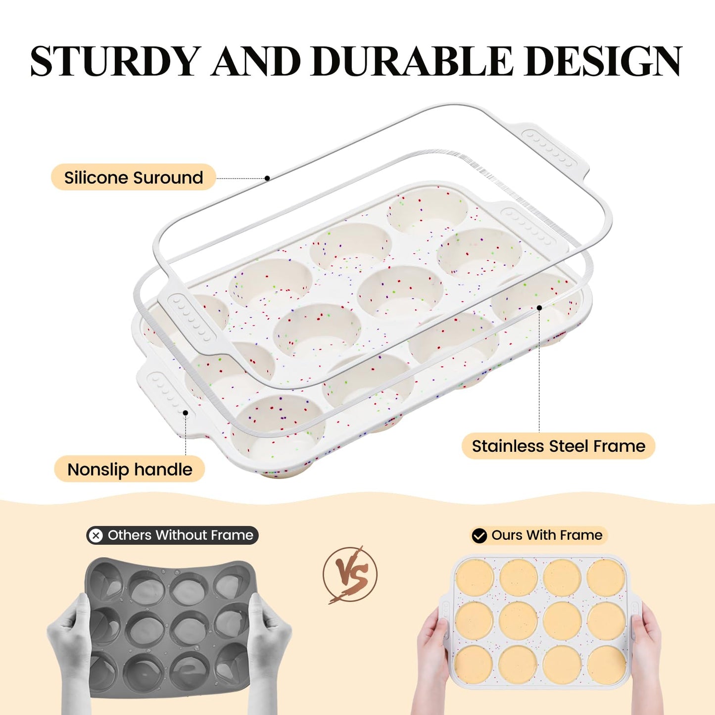 Vinino 2-Pack Silicone Muffin Pan for Baking with Metal Reinforced Frame, 12 Cups Regular Size Silicone Cupcake Pan with Non-Slip Handle, Nonstick Muffin Tray for Oven, BPA Free, Dishwasher Safe