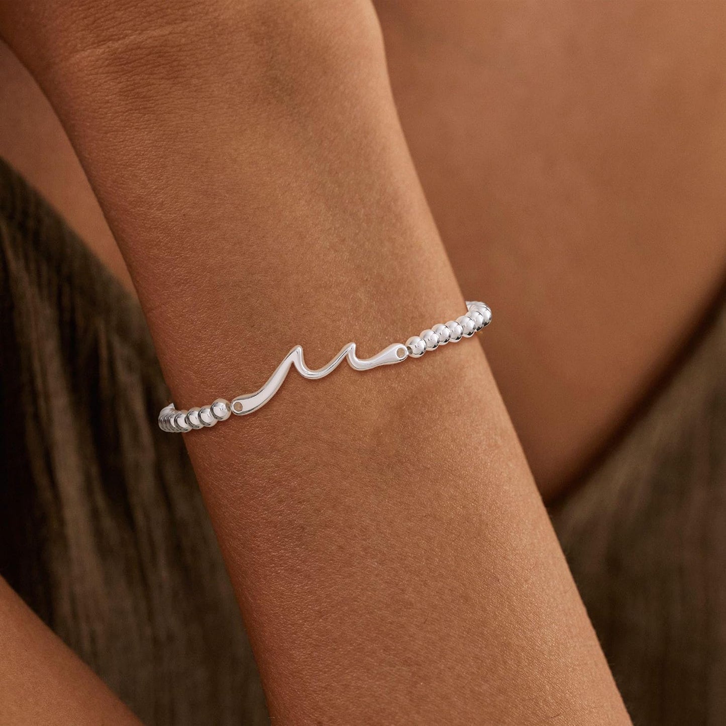 Beaded Bracelets for Women 14K Silver Gold Plated Stretch Handmade Ball Bracelets Cute Charm Bracelet Dainty Stackable Cross Heart Bow Wave CZ Circle Trendy Jewelry Easter Gifts (wave-silver)