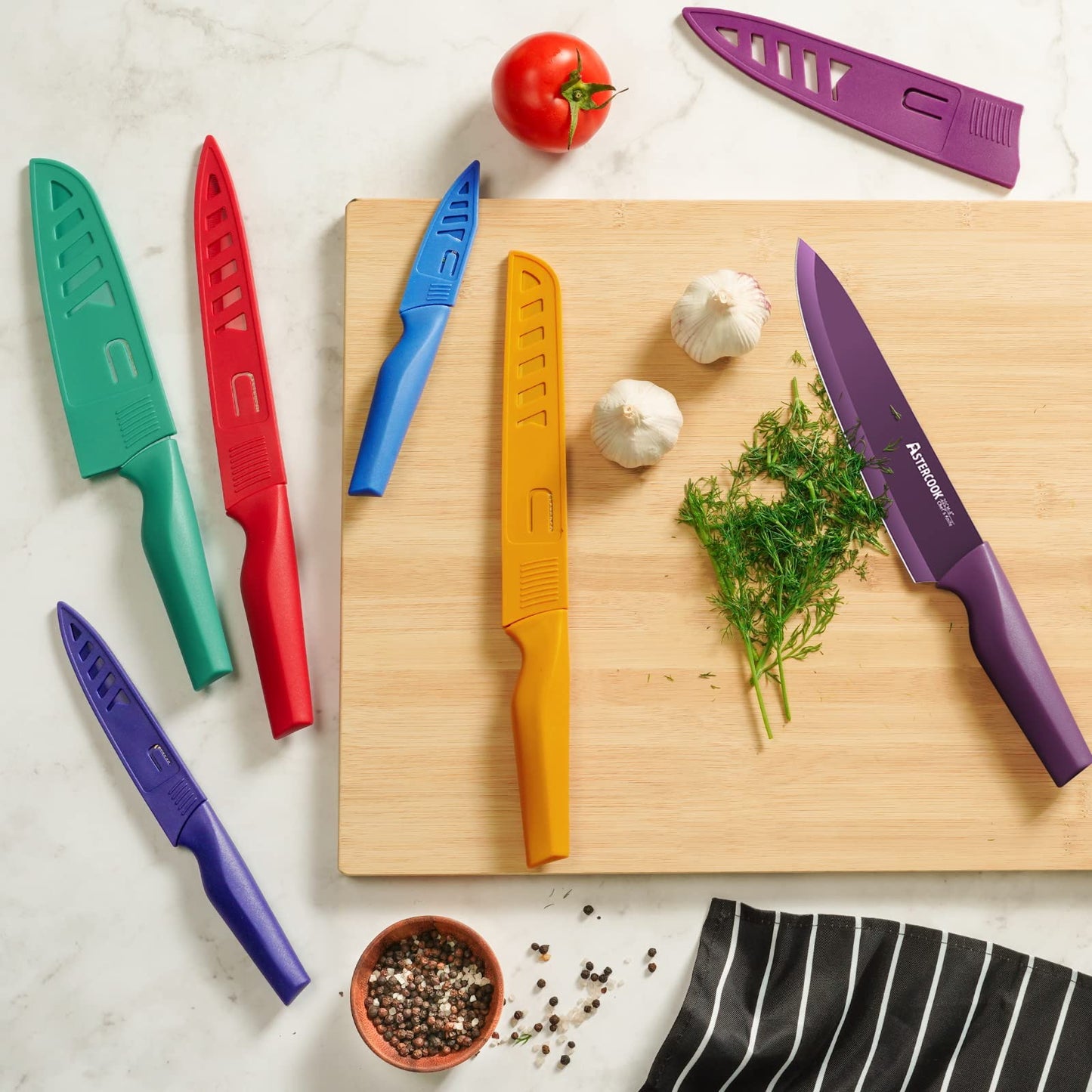 Astercook Knife Set, 12 Pcs Color-Coded Kitchen Knives Set, 6 Color Anti-Rust Coating Stainless Steel Chef Knife Sets with 6 Blade Guards Dishwasher Safe Mothers Day Gifts