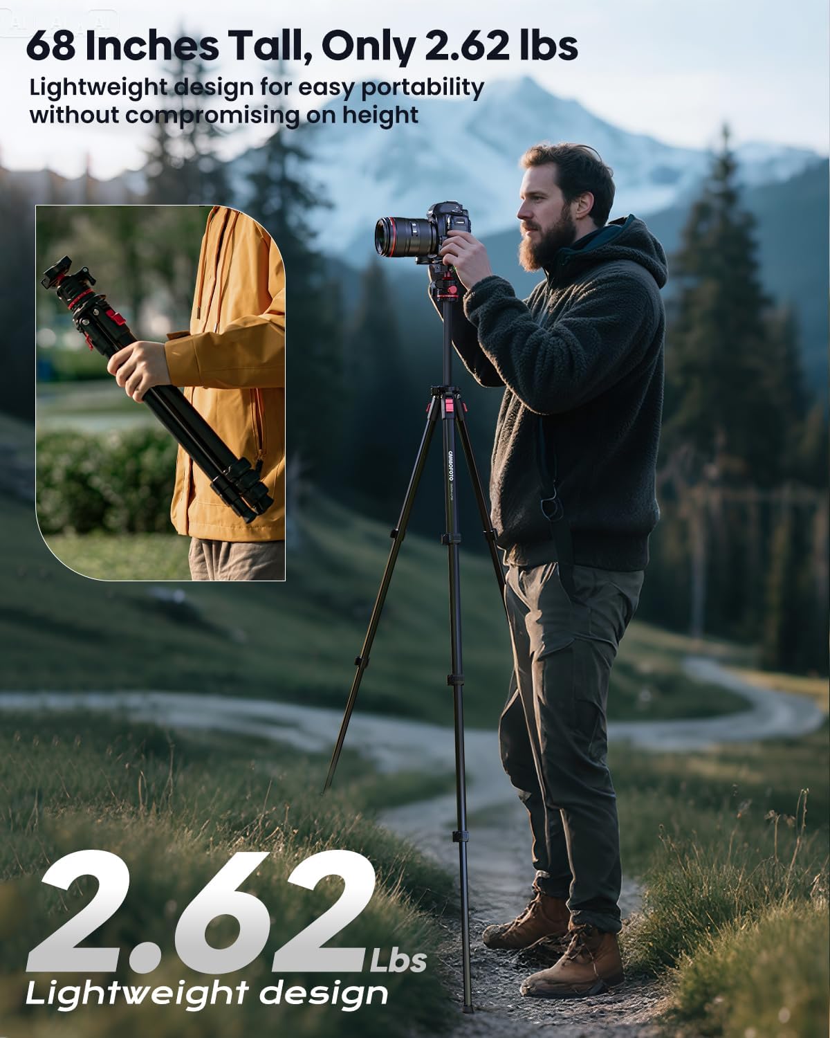 68" Lightweight Travel Camera Tripod with Ball Head, Compact Aluminum Tripod for DSLR/SLR, Compatible with Canon, Nikon, Binoculars, Telescope (Supports 8.8 lbs, Weighs 2.62 lbs)