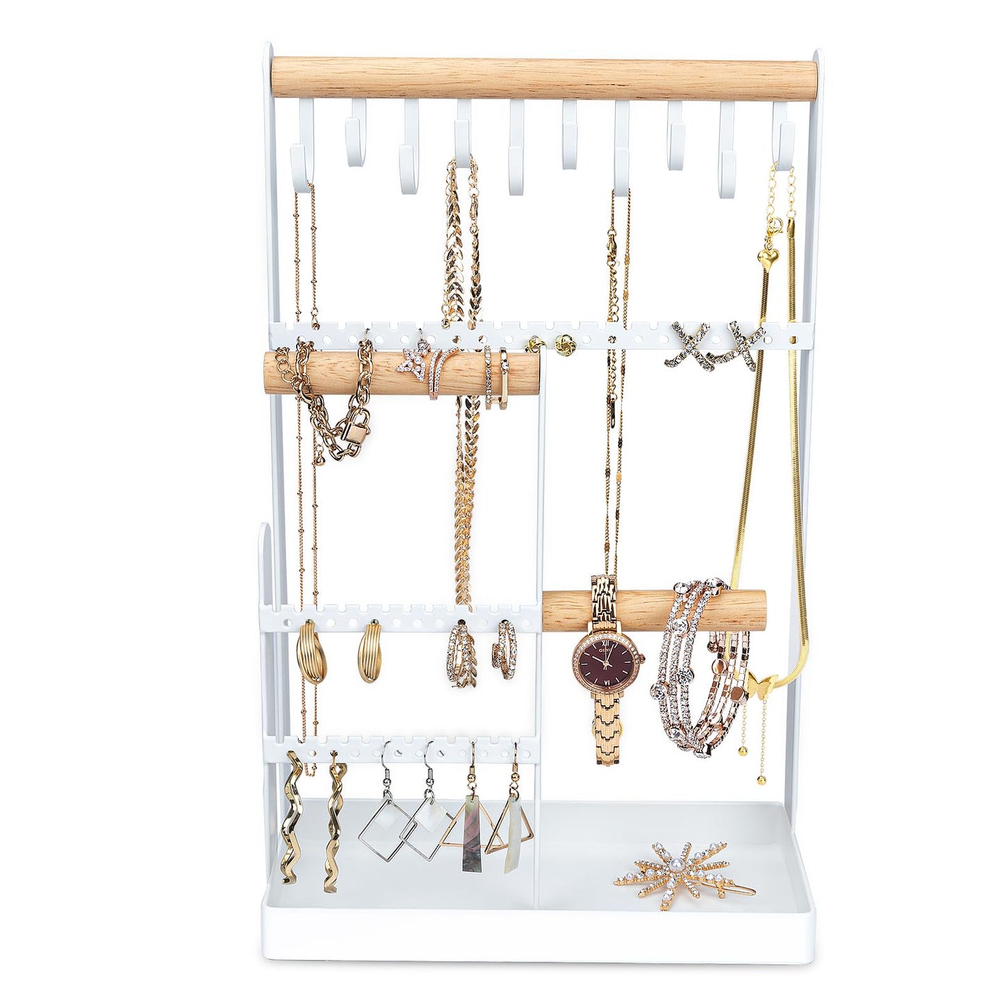 V-LAFUY Jewelry Holder Organizer, 4 Tier Necklace Holder Jewelry Tower with 10 Hooks 88 Holes, Jewelry Stand Organizer Storage Bracelets Earrings Rings Watches - Elegant White