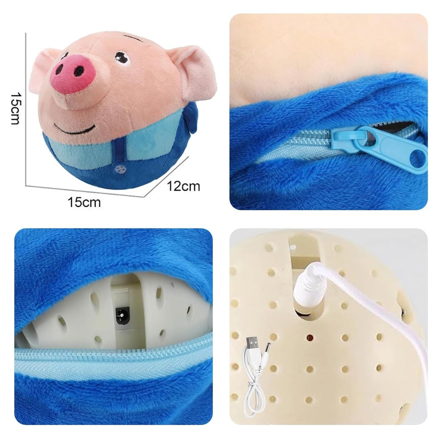 OTXKXBLP Active Moving Pet Plush Toy, Interactive Dog Toys Pet Bouncing Balls, USB Rechargeable Interactive Washable Cartoon Pig Plush Sound Electronic Dog Toy, Small Cute Squeaky Pig Dog Toy (Blue)