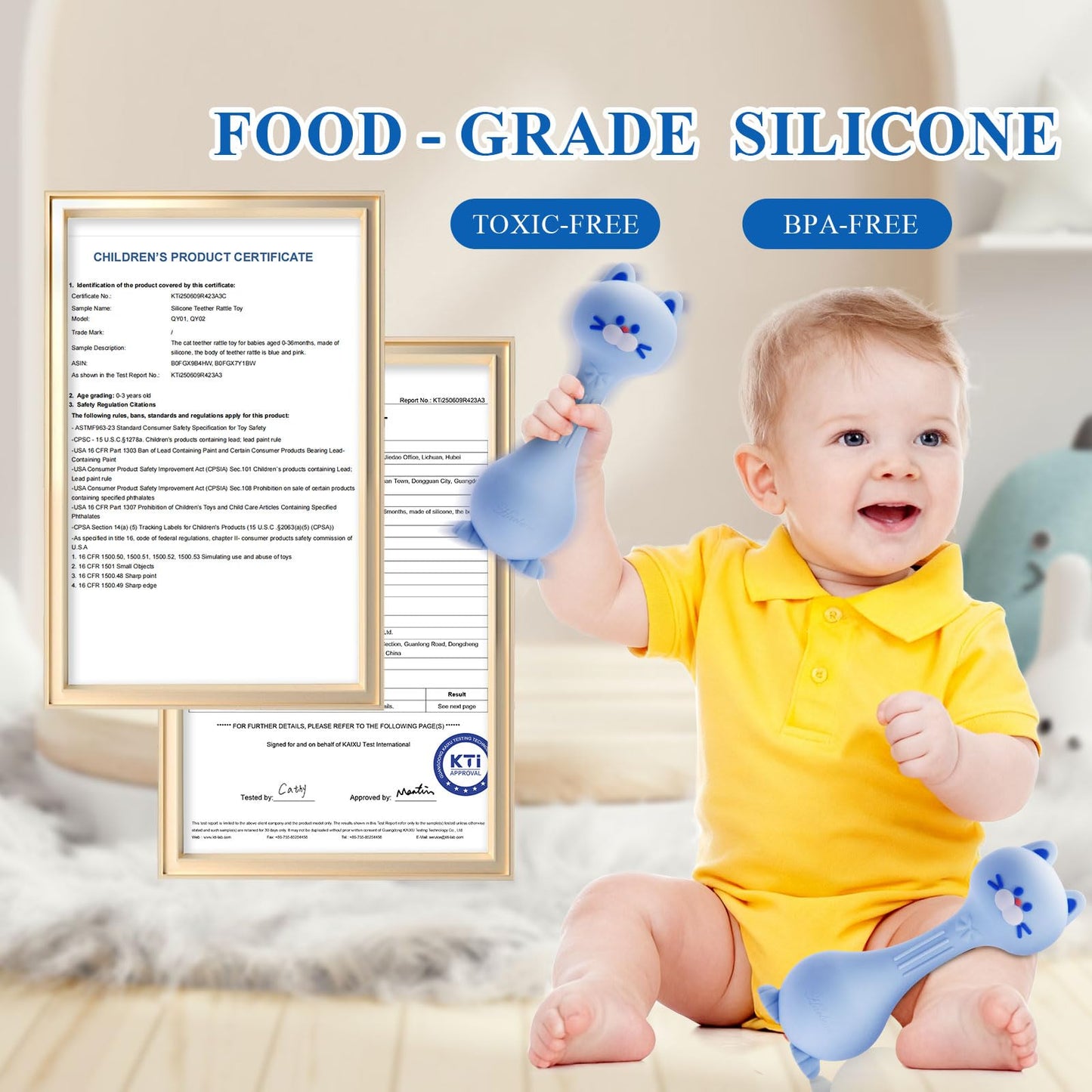 Baby Rattle Teething Toys Cat Silicone Teether Rattles for Baby 0-12 Months Food Grade Silicone (Blue)