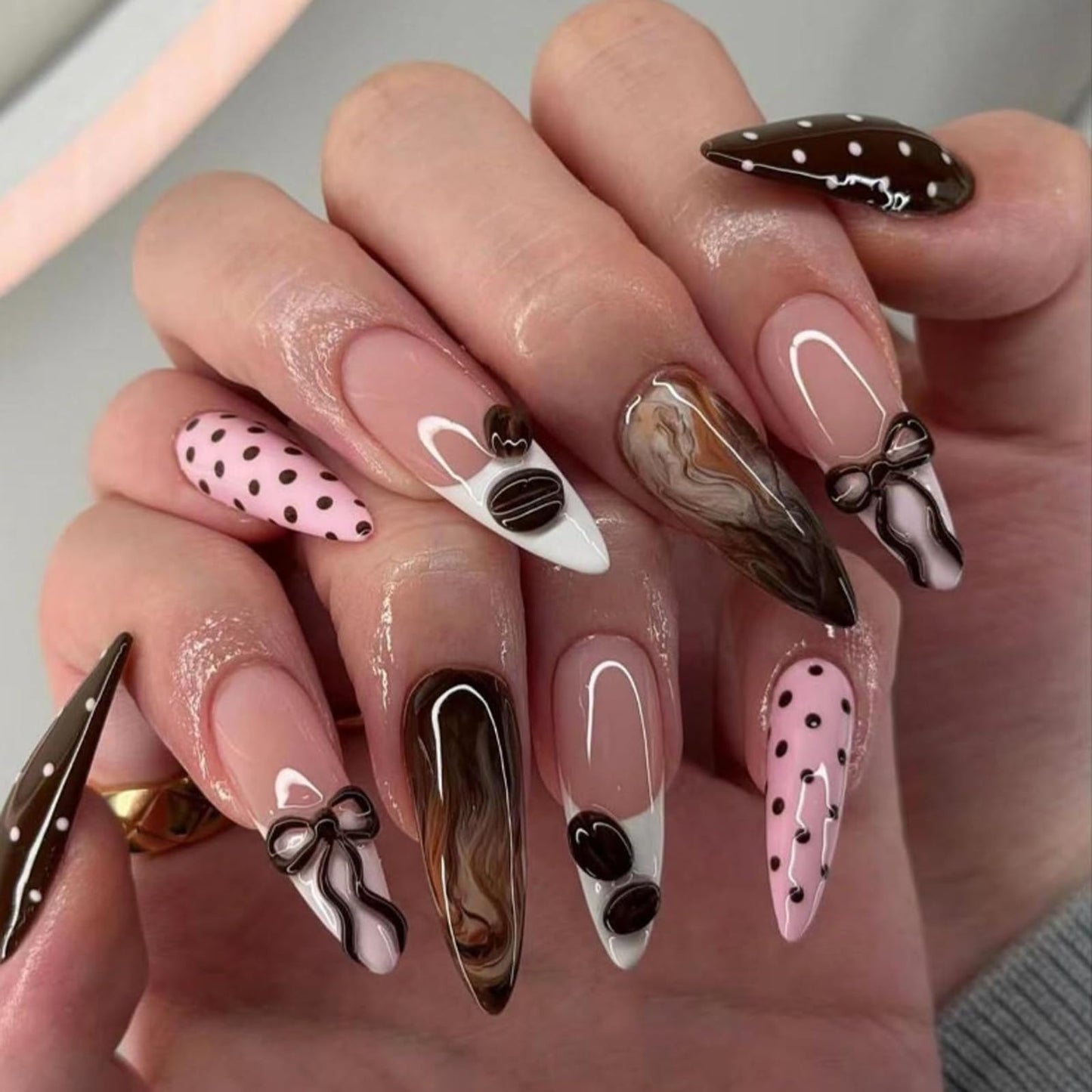 IMRAIN Press on Nails Medium Almond Fake Nails - 3D Bow, Coffee Bean, Polka Dot Design | Pink Brown Glossy Acrylic False Nails Cute French Tip Glue on Nails for Women
