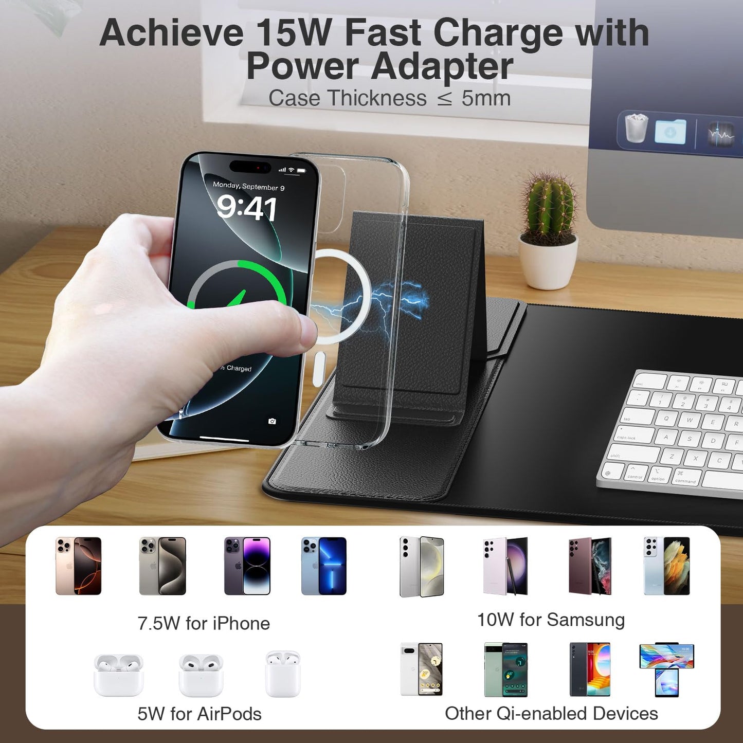 Wireless Charging Mouse Pad with Foldable Phone Holder, 31.5"x15.8" Extended Desk Mat for Laptop/Keyboard, Waterproof Ultra-Smooth Surface, Non-Slip Base & 20W PD Adapter, Black