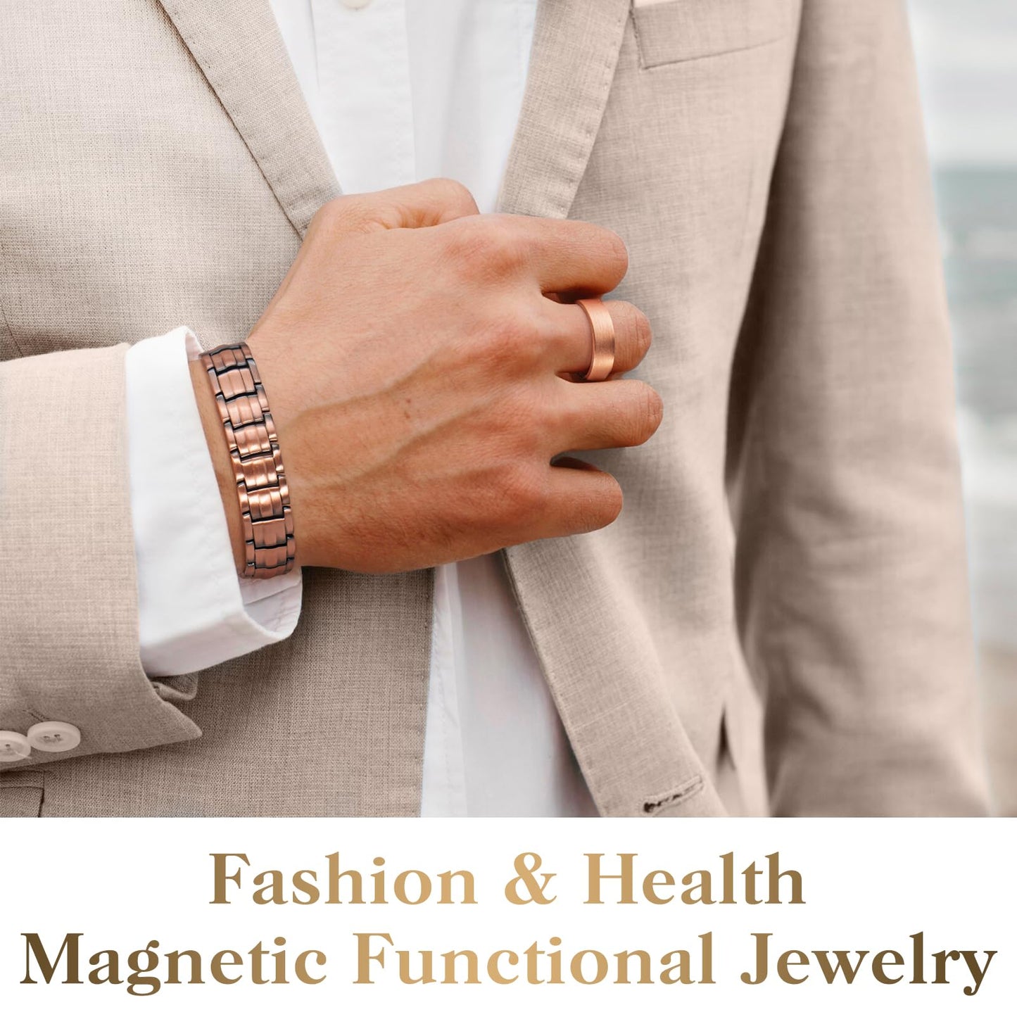 Copper Bracelets for Men & Lymphatic Drainage Ring, Magnetic Copper Bracelet with Double Row Magnets, Mens Bracelet Adjustable Length with Remove Tool