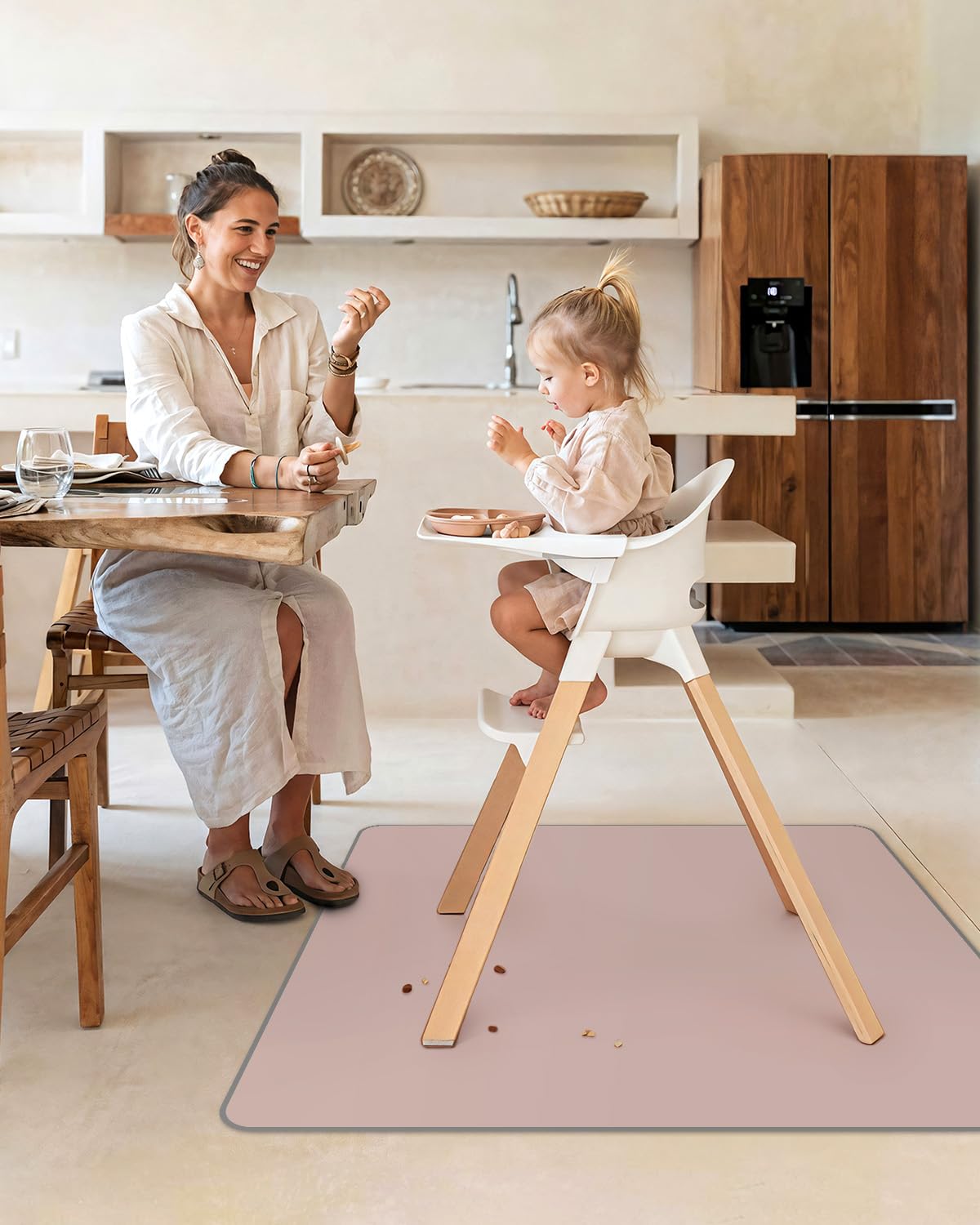 Blissful Diary Baby Splat Mat for Under High Chair, 50.4 x 50.4 Inch Wipeable Splash Mat, Waterproof and Washable, Anti-Slip Floor Protector, Blush Pink