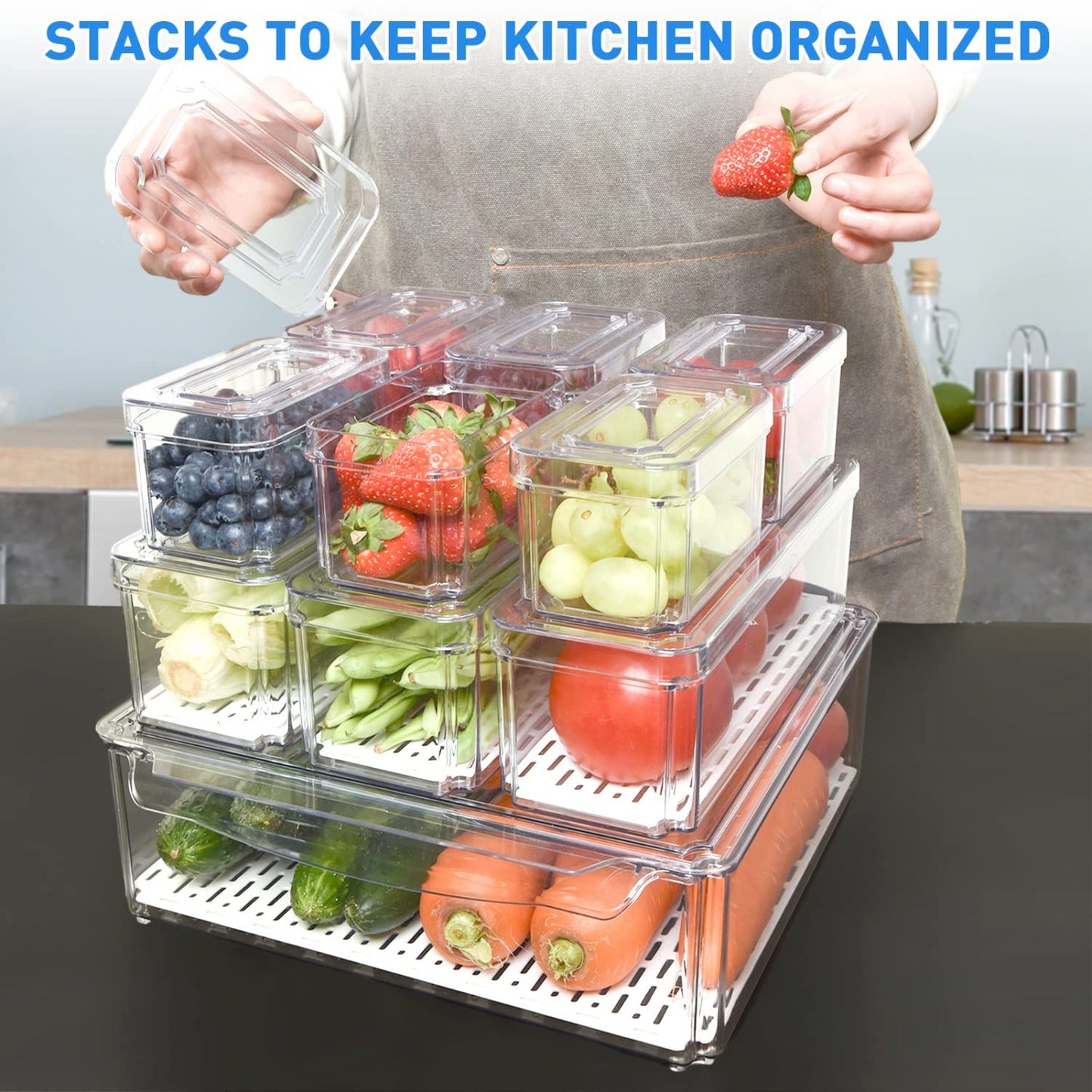 POMEAT 10 Pack Fridge Organizer, Stackable Refrigerator Organizer Bins with Lids, Produce Fruit Storage Containers for Storage Clear for Food, Drinks, Vegetable Storage