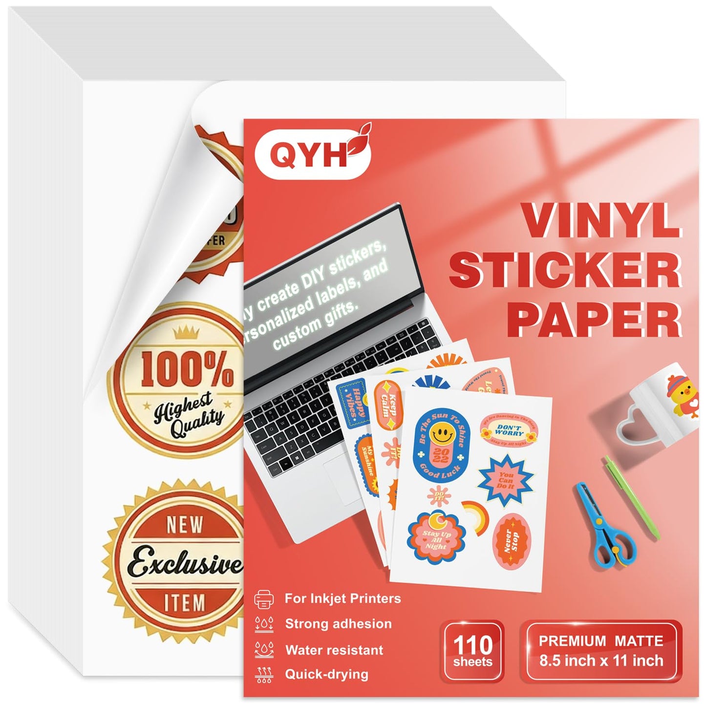 QYH Printable Vinyl Sticker Paper for Inkjet Printers - 110 Sheets, 8.5"x11" Matte Waterproof Sticker Paper - Vibrant, Smudge-Proof for DIY Crafts & Office Labels