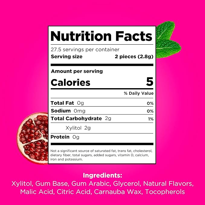 PUR Gum | Aspartame Free Chewing Gum | 100% Xylitol | Natural Pomegranate Mint Flavored Gum, 55 Pieces (Pack of 6)