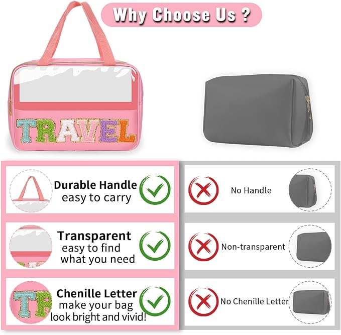Preppy Clear Travel Makeup Bags with Chenille Letter Patches, Travel Essentials Large Clear Make up Bag Zipper Pouch with Handle, Waterproof Nylon Cosmetic Toiletry Storage Tote for Women(TRAVEL-Pink)