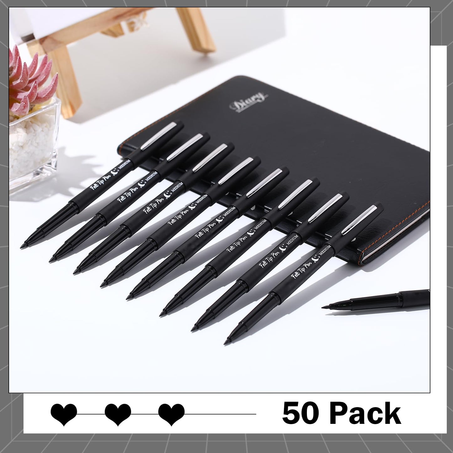 Fuyoooo 50 Pcs Felt Tip Pens Bulk Medium Point 0.7mm Marker Pen Fine Point Felt Fineliner Planner Marker for Journaling, Note Taking, Planner(Black)