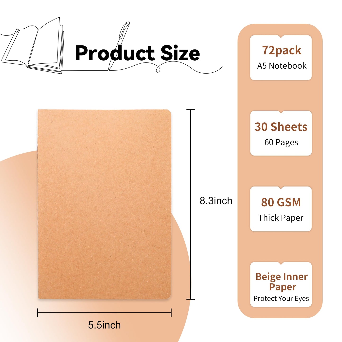 72 Pack Blank Kraft Notebooks, 8.3x5.5 Inches A5 Small Journals Bulk Blank Notebooks 80 Gsm Unlined with 60 Pages A5 Subject Notebooks Traveler Journal Set for Adult Students Back to School Supplies