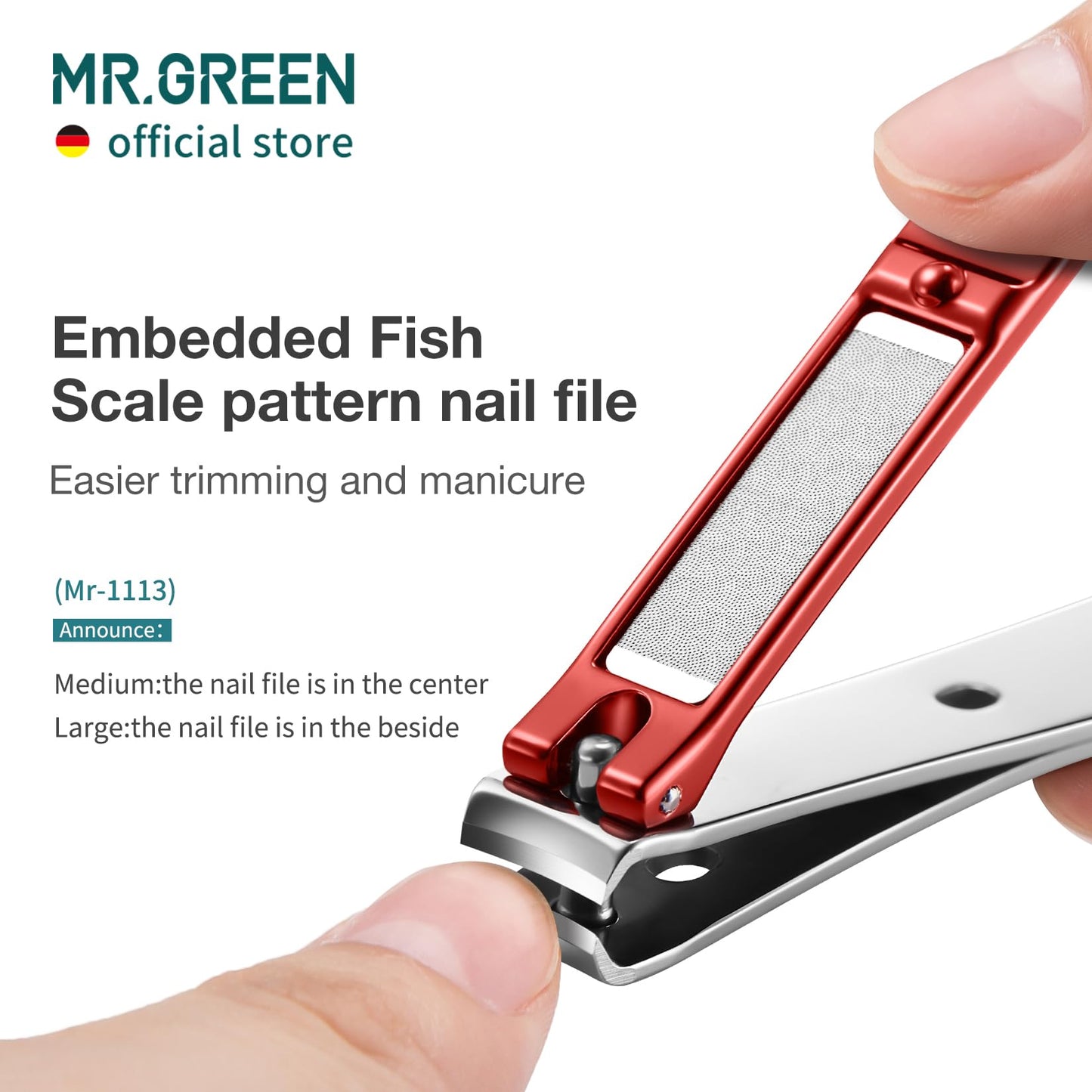MR.GREEN Nail Clippers Curved Blades Fingernail Cutter Nippers Manicure Scissors Stainless Steel Pedicure Tools with Nail Flies (Medium-Red+Glass File)