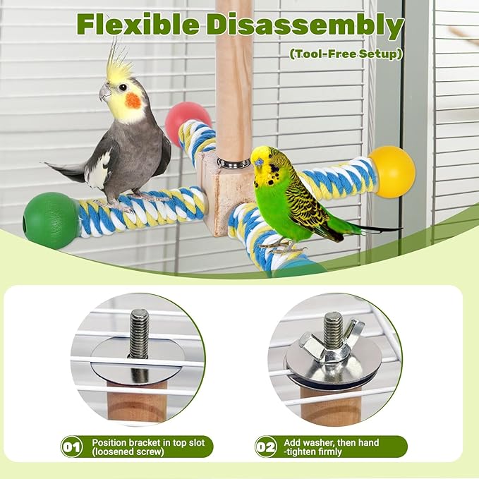 ZAULEY Bird Perch Toy, Parrot 360° Interactive Rotating Toy for Parakeets - Natural Wood & Cotton Rope, Detachable Interactive Bird Toy, Chewable Design Reduces Boredom Anxiety for Small Birds