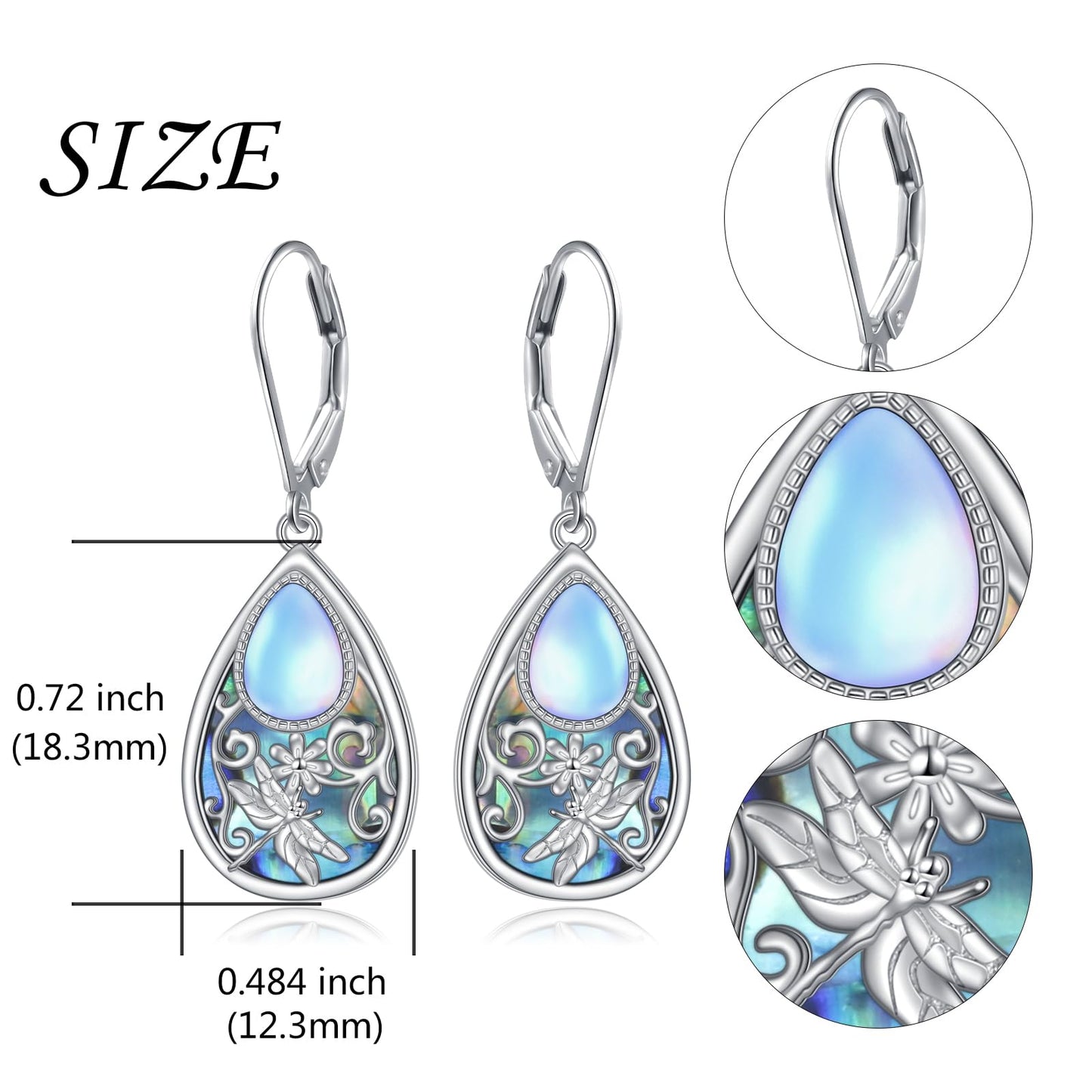 SHAOAN 925 Sterling Silver Dragonfly Moonstone Dangle Drop Earrings Abalone Shell Leverback Teardrop Earring Jewelry Gifts for Women