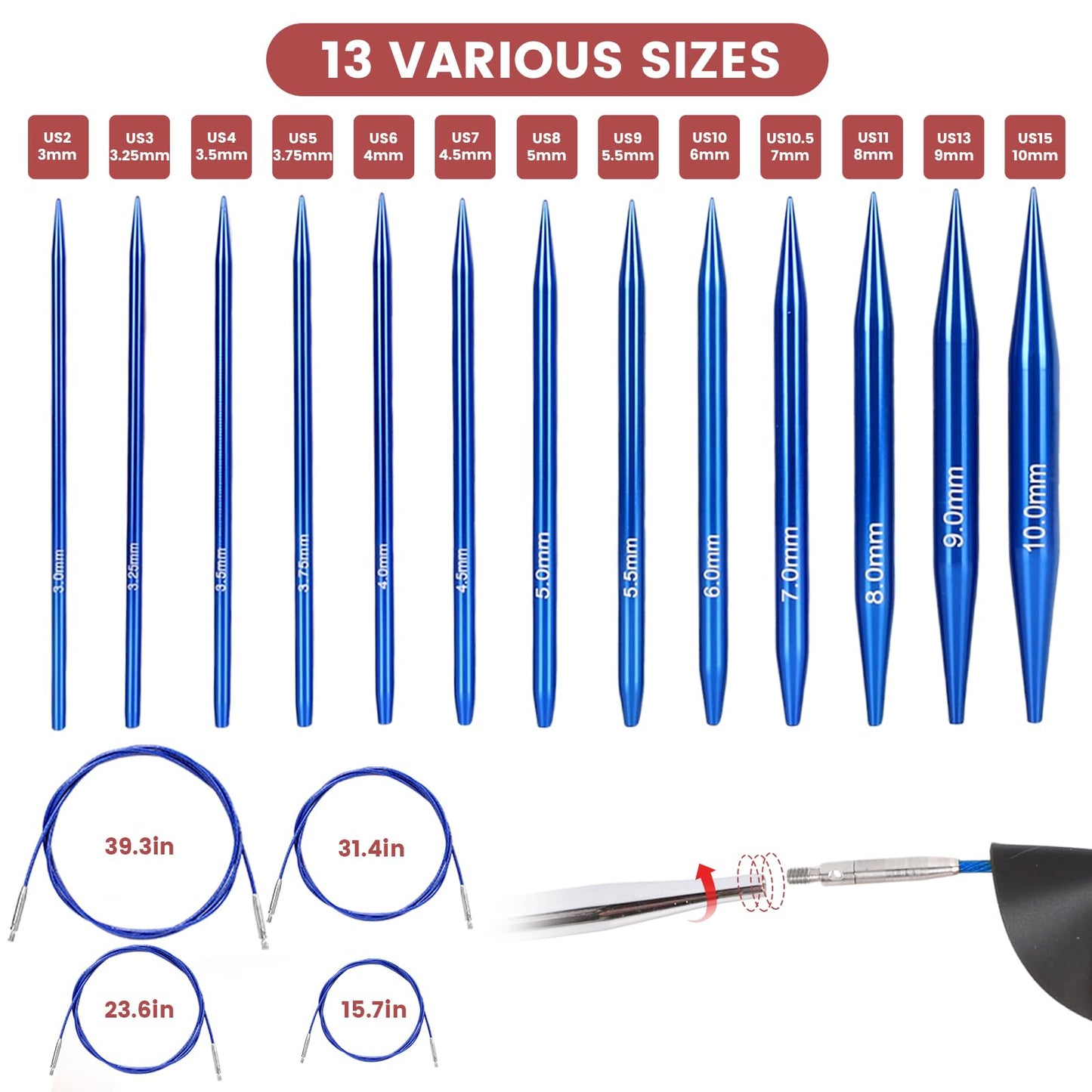 liomey Interchangeable Circular Knitting Needles Set - 13 Pairs (3mm-10mm) with 4 Flexible Cables, Aluminum Needle, Ergonomic Design for Beginners and Advanced Knitters, Blue