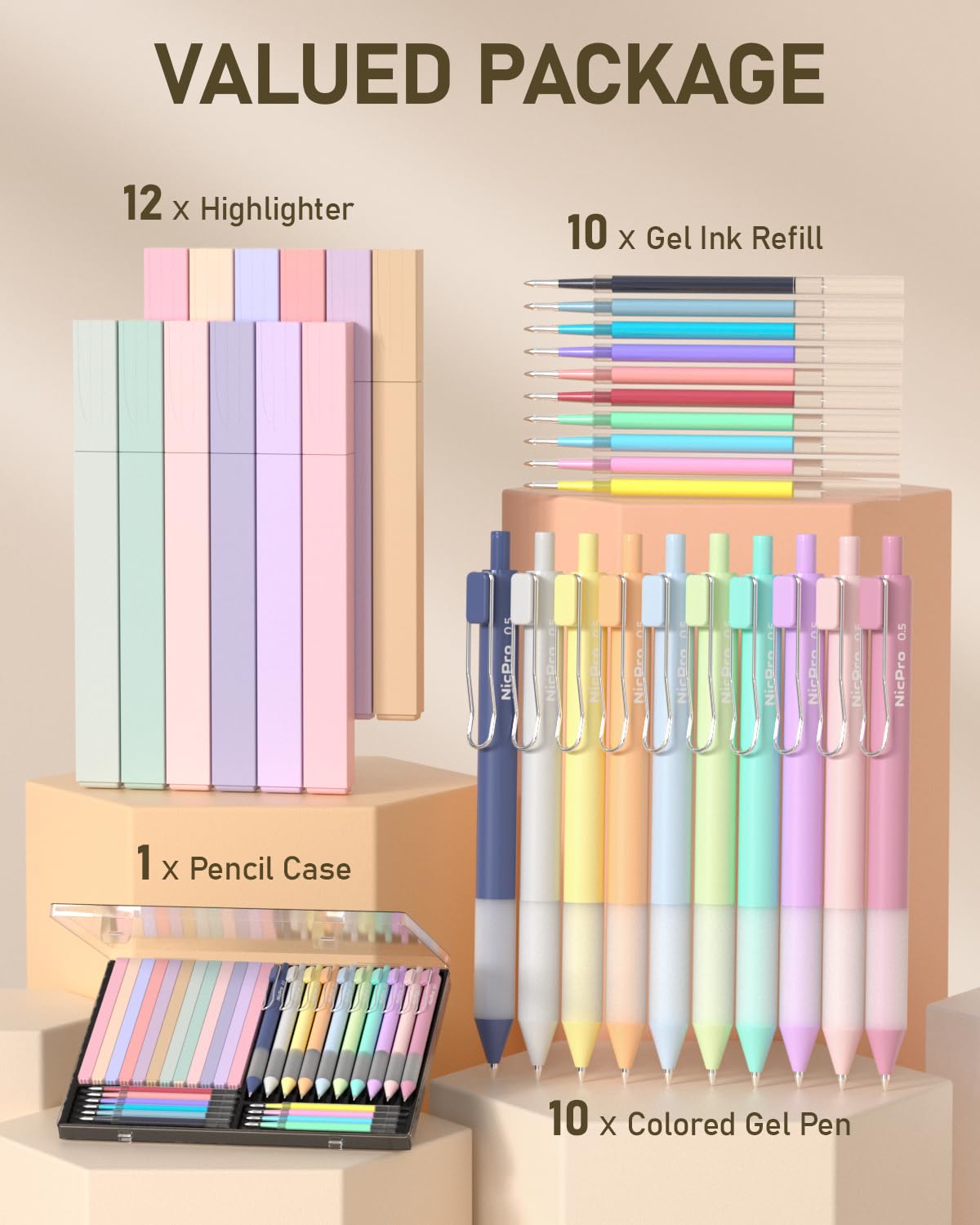 Nicpro 33PCS Aesthetic Highlighter and Gel Pen set with Case, 12 Bible Highlighters & Cute Pens Refills With Soft Ink & Tip, No Bleed Quick Dry for Bible Study Journaling Planner Notes School Supplies