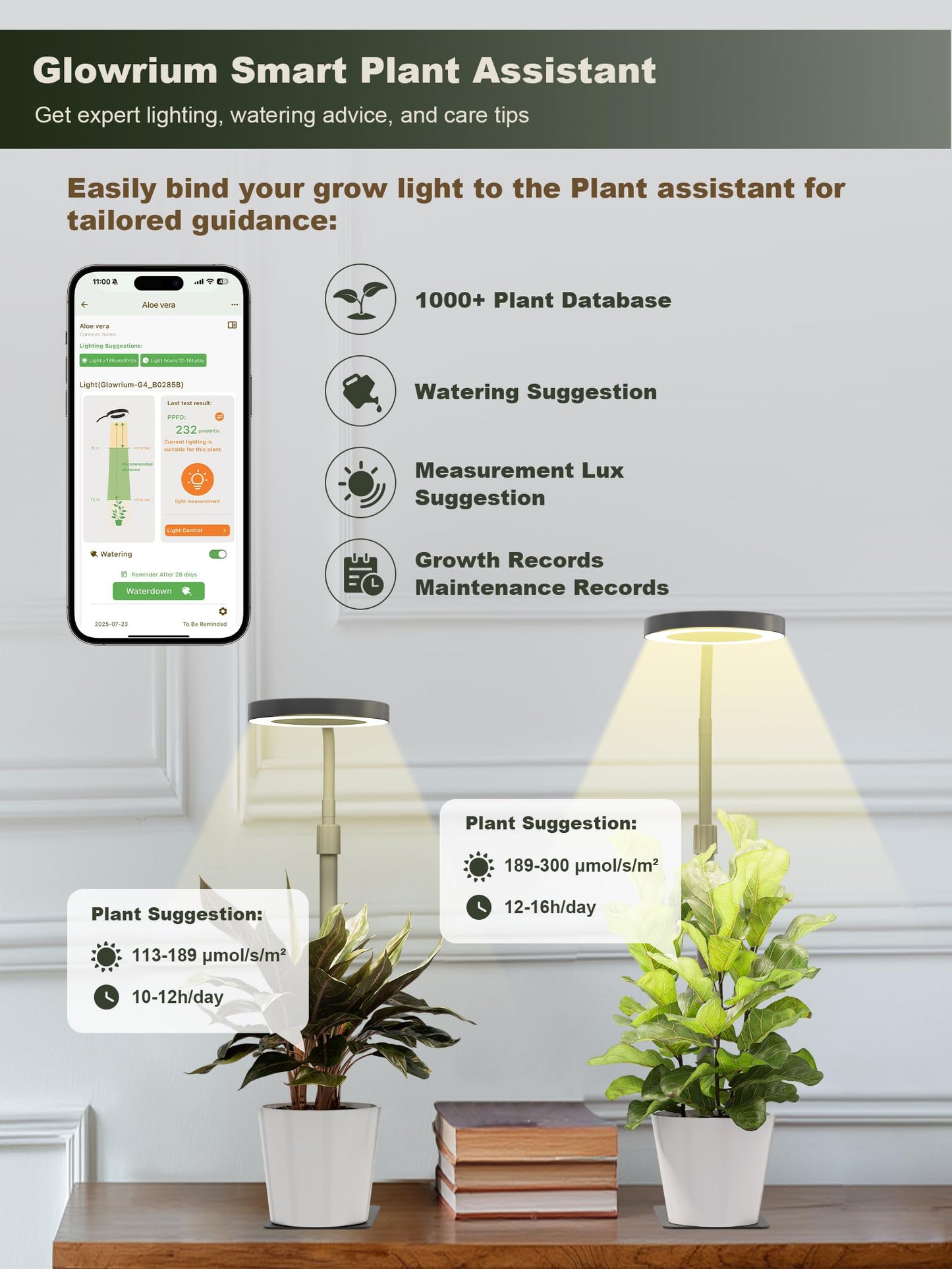 GLOWRIUM Smart LED Grow Lights for Indoor Plants G4, 12W Full Spectrum 3500K with Grow lamp, Bluetooth App Control, 10-Level Dimming, Gooseneck, Height Adjustable 16"-23", Auto Timer, (Black 12W)