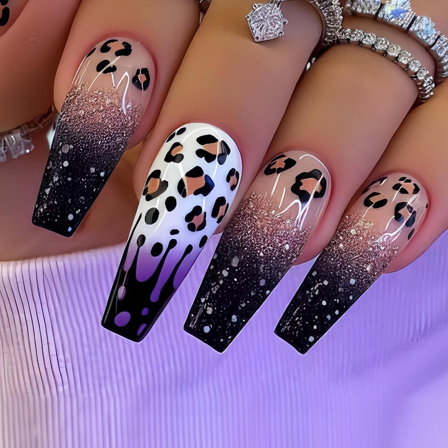 IMSOHOT Leopard Print Press on Nails Long Coffin Fake Nails Purple Gradient Acrylic Glossy False Nails Glitter Ballerina Full Cover Stick on Nails for Women Girls 24Pcs