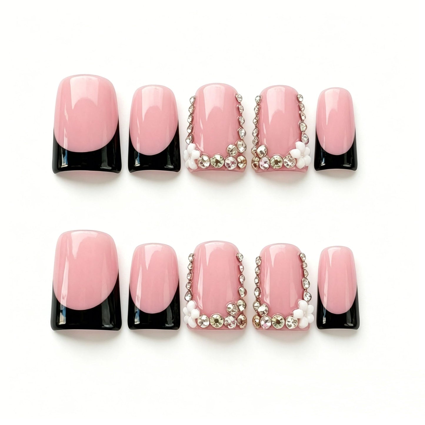 Handmade Acrylic Press on Nails Short Duck Handmade Nails with 3d Flower Rhinestone Design for Women Fake Nail Art DIY 10pcs(M)