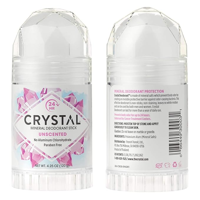 CRYSTAL Mineral Deodorant Stick - Unscented Body Deodorant With 24-Hour Odor Protection, Non-Staining & Non-Sticky, Aluminum Chloride & Paraben Free, 4.25 oz, (2 Pack) (Packaging May Vary)