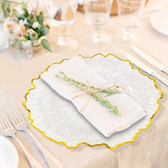 24 Pcs Clear Charger Plates Bulk 13 Inch Plastic Charger Plates for Dinner Plate, Clear with Gold Rim Chargers for Table Setting, Reef Design Plate Floral Decor Round Chargers for Wedding Party Event