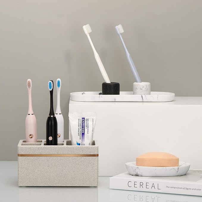 Shinowa Resin Toothbrush Holder, 5 Slots Hygienic Electric Toothbrush Holder Storage Stand Organizer for Toothbrush, Toothpaste, Razor, Gravel Khaki