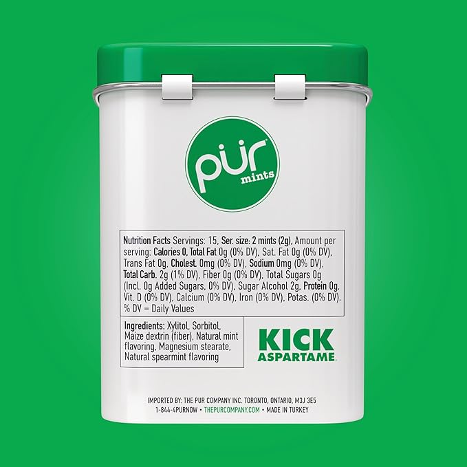PUR Mints | Aspartame Free Mints | Made with Xylitol | Sugar Free, Vegan, Gluten Free & Keto Friendly | Natural Spearmint Flavored Mints, 30 Pieces (Pack of 2)