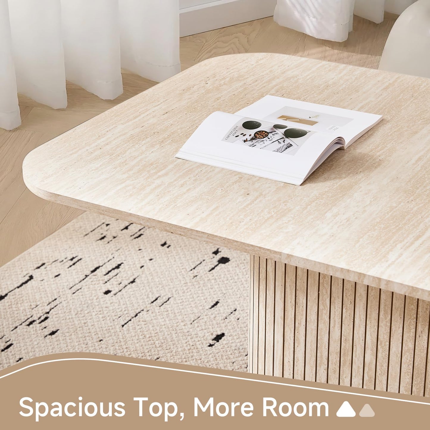 63" Inch Modern Oval Dining Table with Rounded Corners & Wood Strip Pedestal Base, Kitchen Table for Dining Room, Beige Stone Patterned(Table Only)