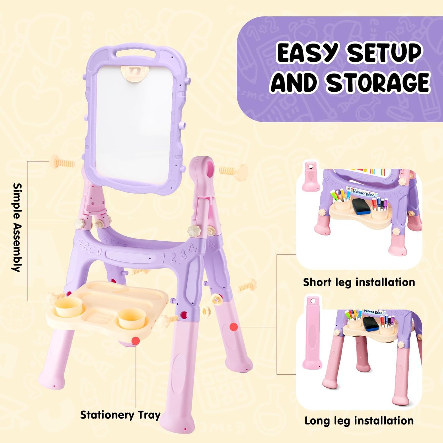 AuntyFey Easel for Kids, Toddler Easel, Double-Sided Chalk Board Kid, White Board, Kid Art Easel, Art Easel Age 4-8, Christmas Gift, Pink&Purple