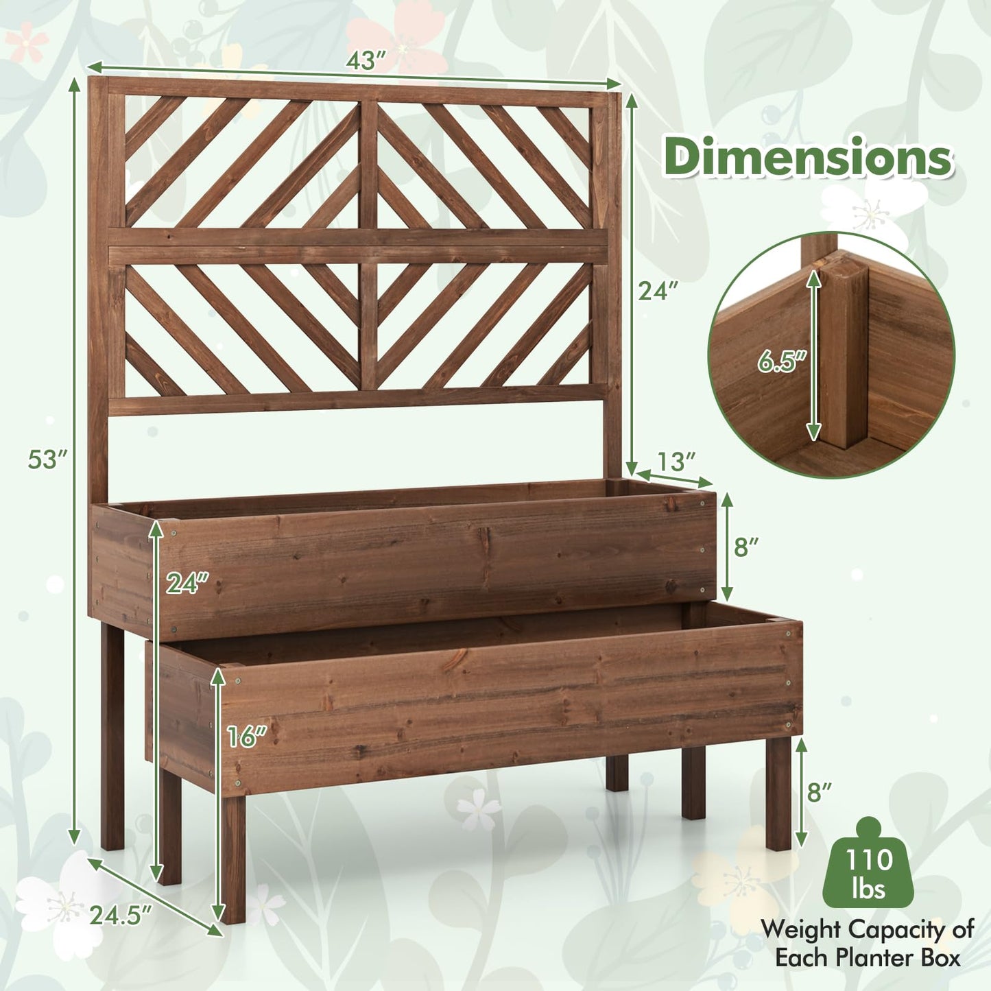 LDAILY Raised Garden Bed with Trellis & 2 Planter Boxes, 2-Tier Wooden Raised Bed with Bottom, Elevated Legs & 10 Drainage Holes, Gardening Planter Box for Flowers/Vegetables/Fruits in Backyard Patio