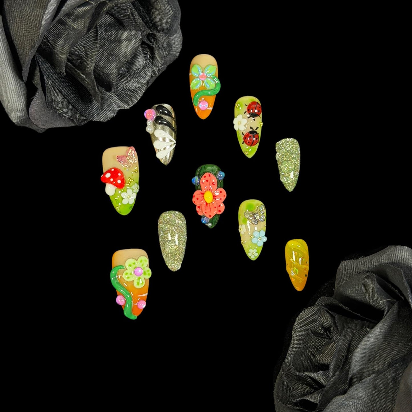 Handmade Press on Nails, 3D Floral Art Fake Nails with Red Mushroom, Ladybug, Butterfly & Glitter, Medium Almond Shape Acrylic False Nails Magic Garden (S)